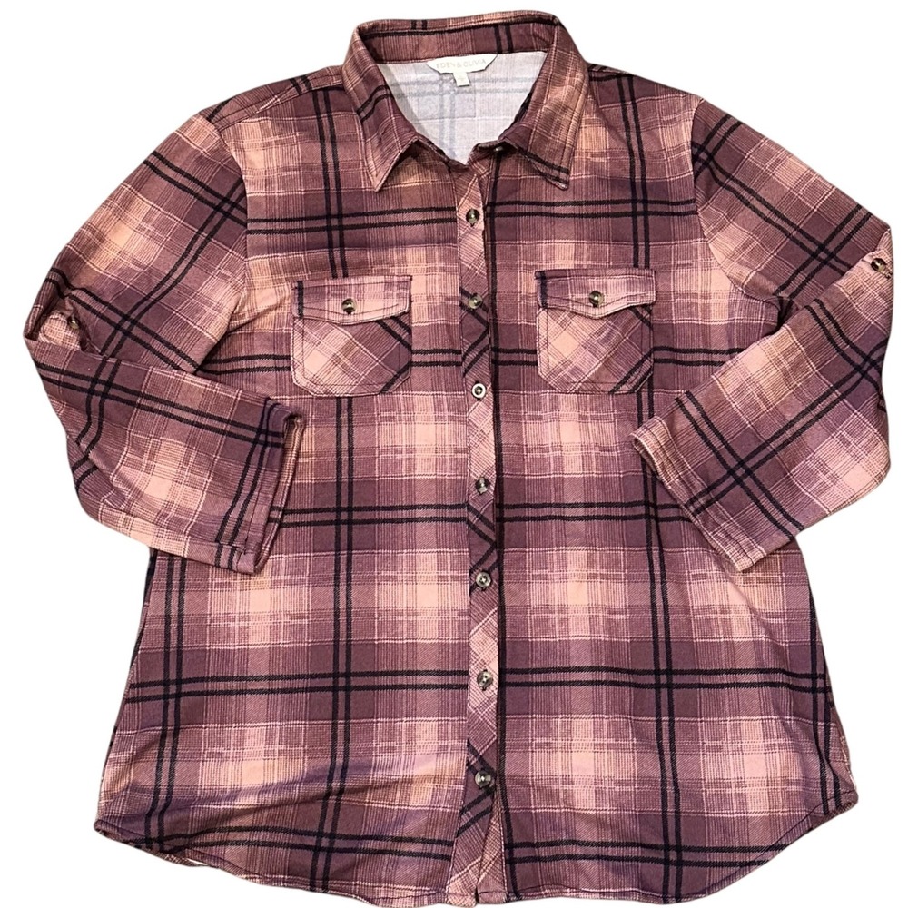 Eden & Olivia Plaid Shirt Women Large Pink Purple Excellent 3/4 Sleeve Button Up